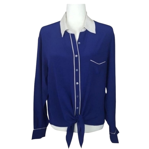 Trina Turk Helinda Silk Deep Amethyst and Cream‎ Tie Waist Blouse - Picture 1 of 5